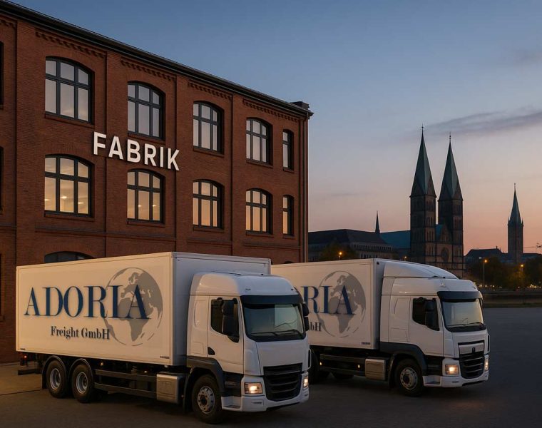 Zwei Adoria Freight Lkw vor der neuen Spedition-Niederlassung in Bremen im historischen Tabakquartier bei Sonnenuntergang, mit Blick auf das Bremer Stadtpanorama – Symbol für moderne Lebensmittellogistik in Bremen.